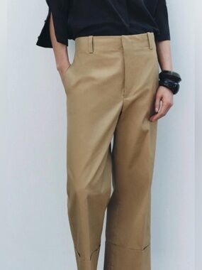 Zara Chinos Wide Leg Ankle Cuffed Trousers Tailored Beige S